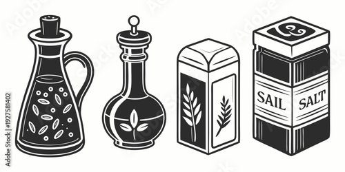 A collection of various kitchen containers and their contents. Vector