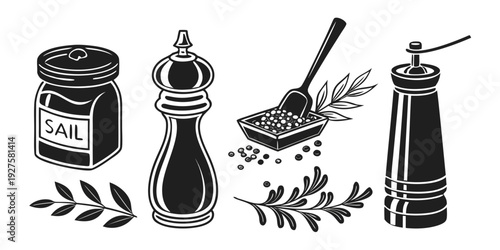 Assorted spices and herbs with grinders and a mortar and pestle Vector