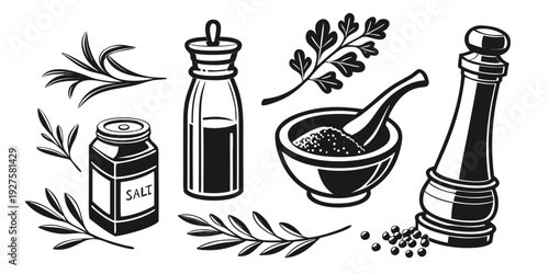 Assorted herbs and spices in jars and a mortar and pestle Vector