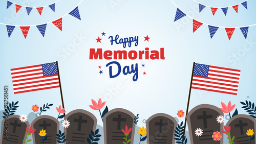 happy memorial day illustration with american flags and gravestones with colorful flowers