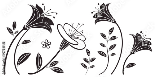 Intricate floral design with elegant swirls and delicate petals in black and white Vector