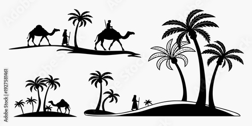 Silhouettes of camels and palm trees against a sunset on a beach Vector