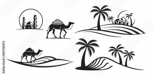 A serene desert oasis with camels and palm trees under a clear sky. Vector