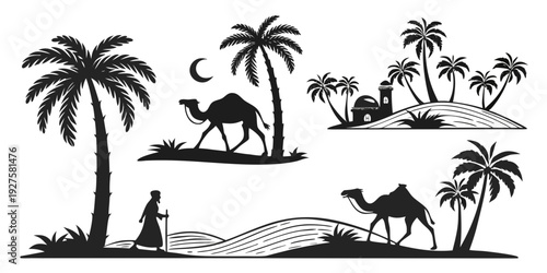 Camels and palm trees in a desert landscape under a full moon Vector