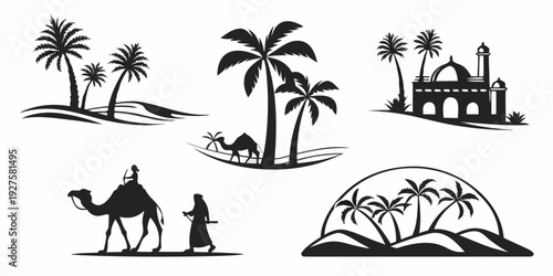 A journey through the desert with camels and palm trees. Vector