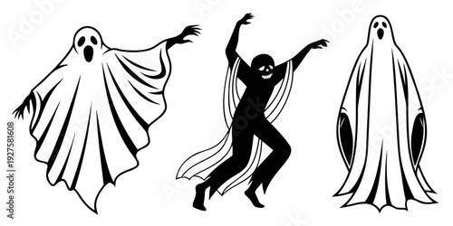 A group of three dancers performing on stage in flowing dresses. Vector