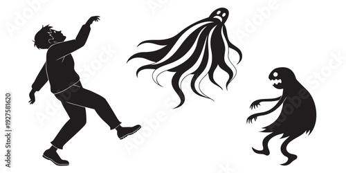 A group of people and creatures in a surreal and abstract setting Vector