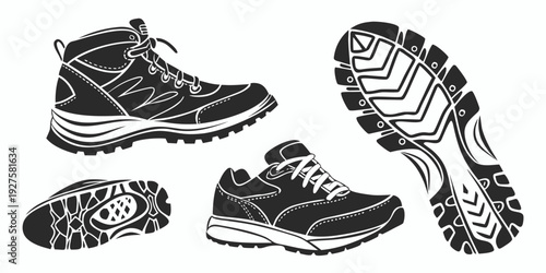 A variety of shoes and footprints showcasing different styles and sizes Vector