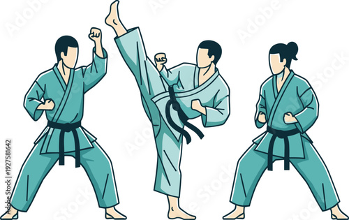 Martial arts silhouettes, karate gi, black belt, fighting stance, high kick, combat training, discipline, fitness, sport, teamwork, technique, flavector