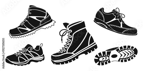 Assorted footwear including sneakers, boots, and sandals displayed in a row Vector