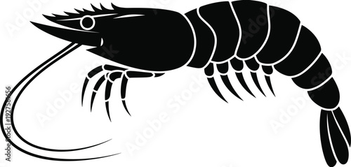 Shrimp silhouette illustration isolated on white background, seafood crustacean marine animal icon, black prawn clipart design for food concept