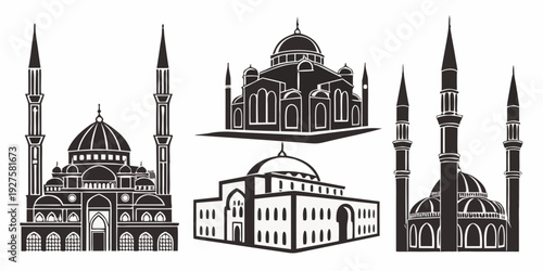 Intricate architectural designs of various religious buildings and structures. Vector