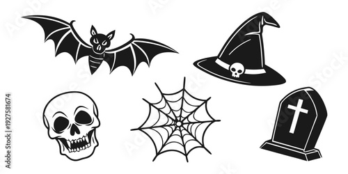 Spooky halloween symbols including bats, a skull, and a witch's hat Vector
