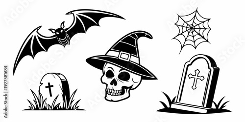 Spooky halloween illustrations featuring bats, a witch's hat, and a skull. Vector