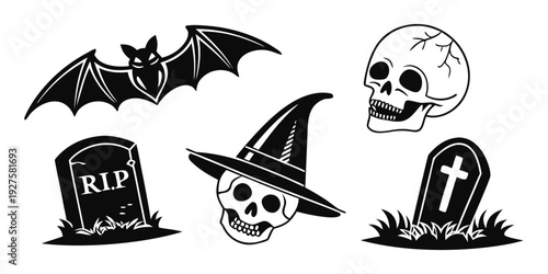 A collection of halloween-themed icons featuring bats, tombstones, a witch's hat, and a skull. Vector