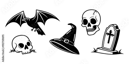 Spooky halloween icons featuring bats, skulls, and a witch's hat Vector