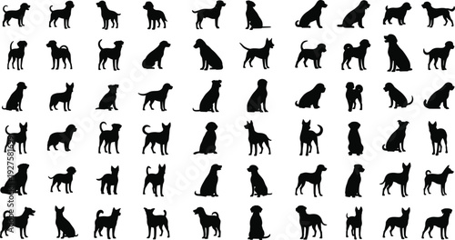 Dog silhouette icon collection vector set, various canine breeds and poses, isolated on white background, domestic pet illustration