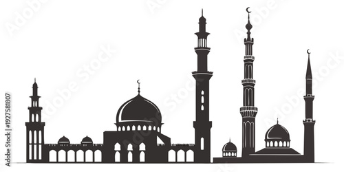 Silhouette of a majestic mosque with minarets and domes under the night sky Vector