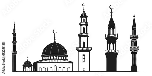 A detailed illustration of a mosque with domes and minarets Vector