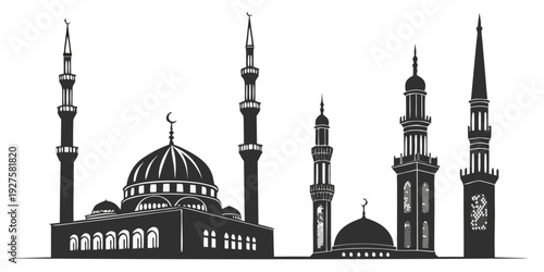 A detailed illustration of a mosque with domes and minarets against a clear sky Vector