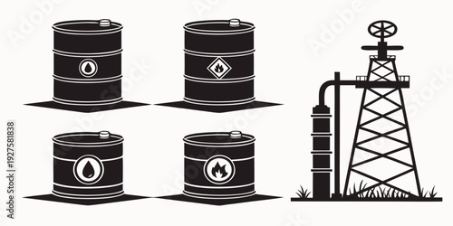 A group of oil barrels and a derrick in a field. Vector