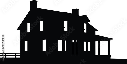A black silhouette of a two story house with a porch and chimney