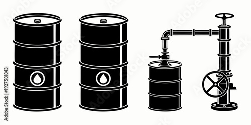 Black and white illustration of oil barrels and a pump Vector