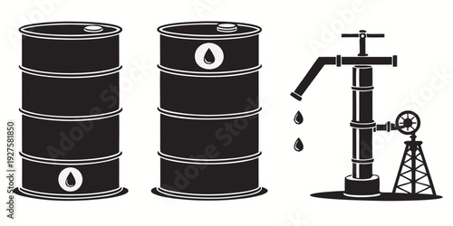 An illustration of two oil barrels and an old-fashioned oil pump Vector