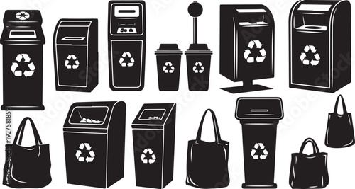 Recycling bins and handbags in black and white illustration