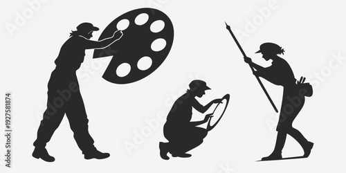 Three silhouettes representing different creative professions in black and white Vector