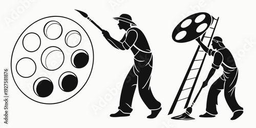 Filmmakers working on a movie set with vintage equipment and film reels. Vector