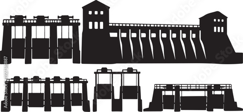 Industrial Dam Structures in Black Silhouette on White Background