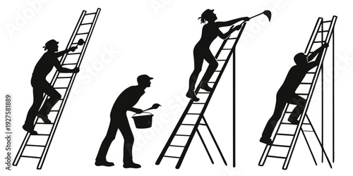 A sequence of illustrations showing a person climbing a ladder to paint a wall Vector