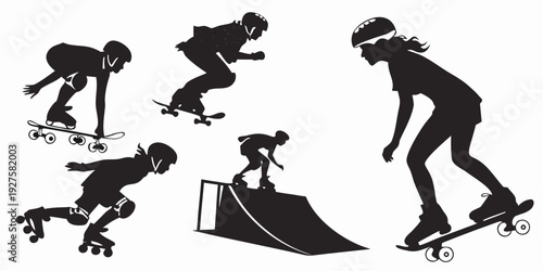 Diverse group of skateboarders performing various tricks and maneuvers Vector