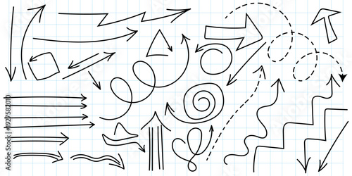 A collection of hand-drawn arrows on paper, with sketch lines and direction indicators on a white background.Vector illustration