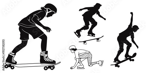 Diverse group of people engaged in various skateboarding activities Vector