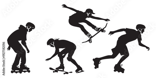 Four silhouettes of people in various skiing poses on a slope. Vector
