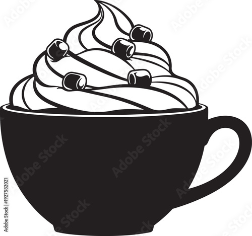 A black and white image of a cup of whipped cream isolated on transparent background, Vector