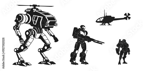 Futuristic soldiers and robots in a battle scene with a helicopter in the background Vector