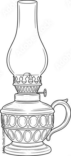 Vintage kerosene oil lamp outline drawing, flat vector illustration of antique hurricane lantern isolated on white background