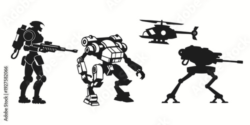 A group of soldiers and helicopters in a dynamic combat scene. Vector