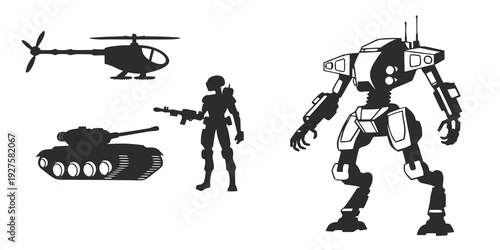 Military equipment and personnel in a strategic combat scenario. Vector