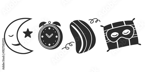 A collection of symbols representing nighttime, an alarm clock, a crescent moon, and a person sleeping Vector