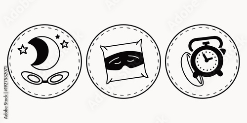 Three distinct circular icons representing a crescent moon, a fish, and a gear. Vector