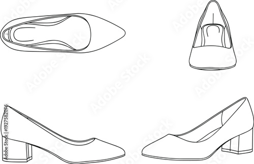 Women high heel pumps outline vector set, elegant block heel shoes multiple views line art isolated on white background