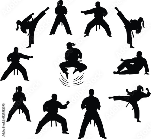 Martial arts silhouettes, karate stances, taekwondo kicks, judo practice, aikido moves, kungfu training, martial discipline, combat fitness, martial arts illustration, flavector