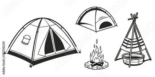 A variety of camping tents and equipment set against a white background Vector