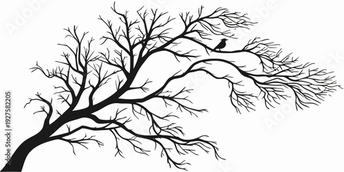 A detailed illustration of a bare tree branch with small leaves sprouting. Vector