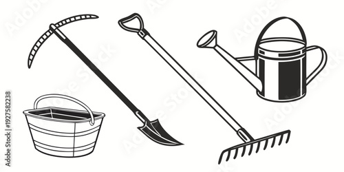 An assortment of gardening tools including a shovel, rake, hoe, and watering can Vector