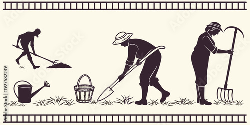 A group of people engaged in various activities with a broom. Vector